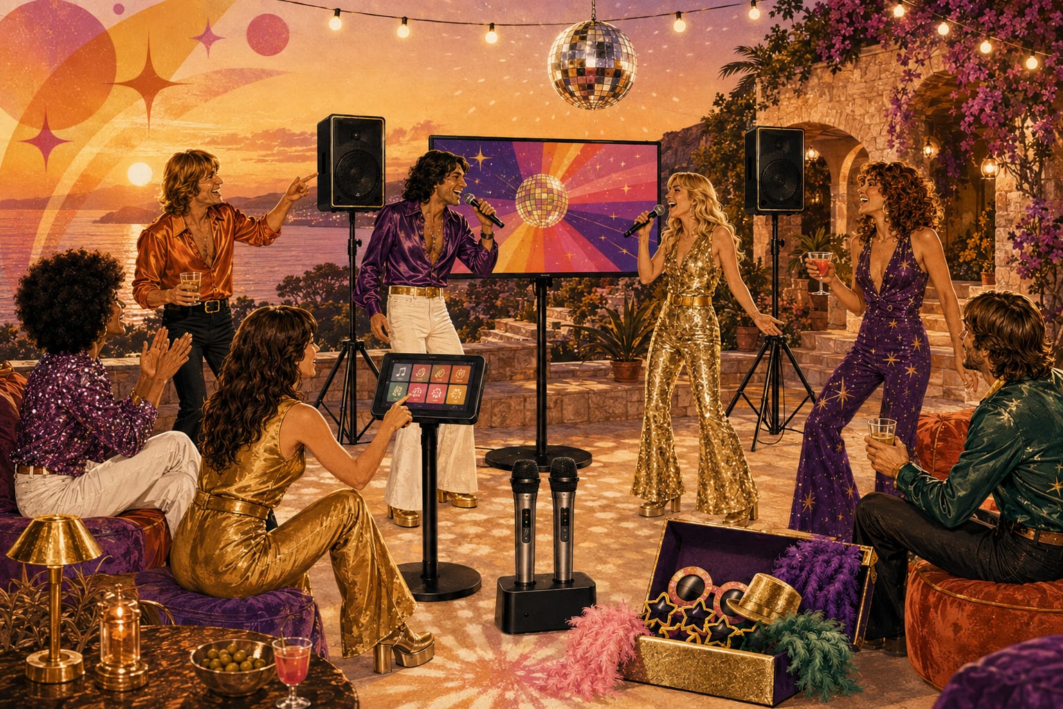 Illustrated villa terrace karaoke party at golden hour on the Dalmatian coast